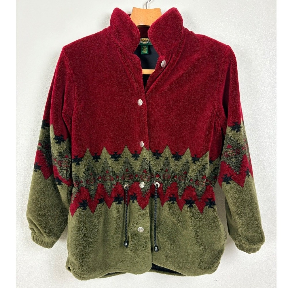 Cabela's Women Fleece Jacket Red Green Pine Tree Southwestern Cabin Outdoor L